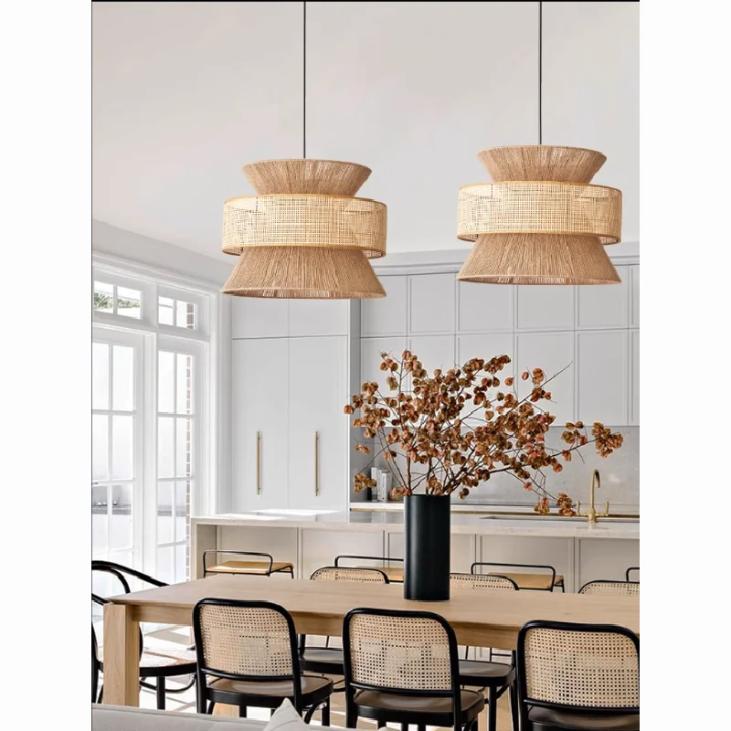 Wabi-sabi wind chandelier vintage industrial bedroom restaurant bar teahouse rattan woven home decor  pendent light