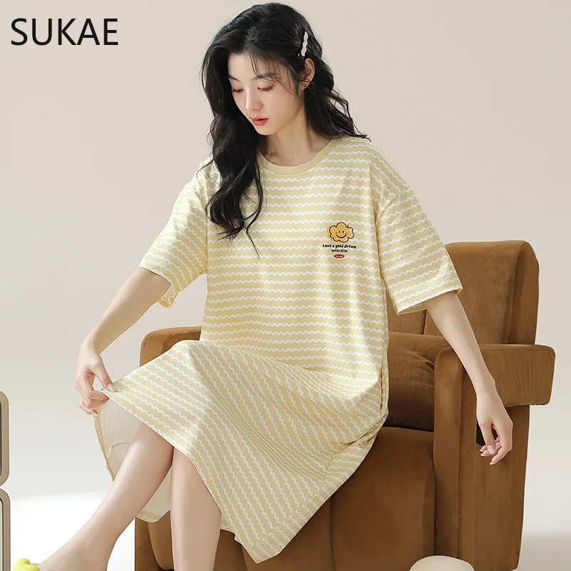 SUKAE Women Summer Nightgowns Leisure Sleepshirt Short Sleeves Pullover Cartoon Dress Kawaii Girl Sleepwear Casual Cozy Long Top