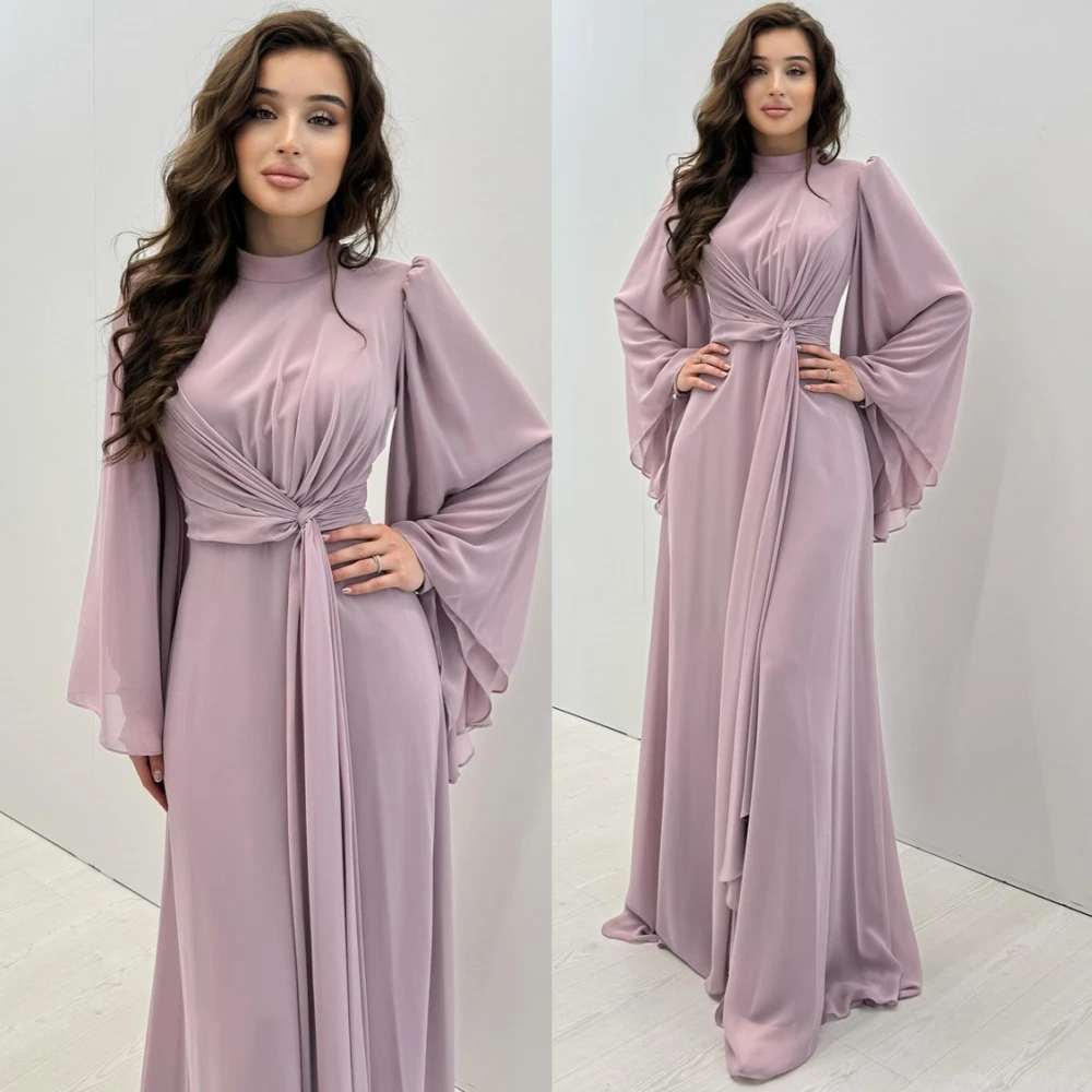 

Customized Fashion Chiffon Evening Dress Fashion Sweep Train Prom Dresses Delicate Long Sleeves Special Occasion Gowns
