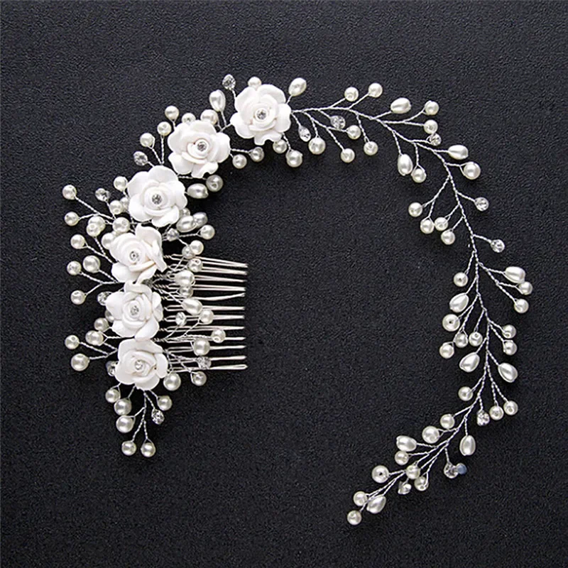 HandMade Silver Color Pearl Wedding Hair Combs Hair Accessories for Bridal Flower Headpiece Women Bride Hair ornaments Jewelry image 3