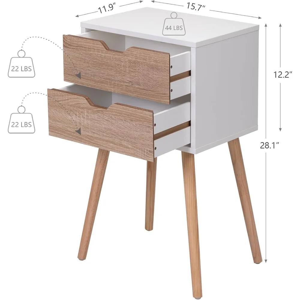 طقم طاولات بجانب السرير مكون من قطعتين مع أدراج وأرجل خشبية صلبة وتخزين كبير ومنضدة ليلية للطاولات النهاية