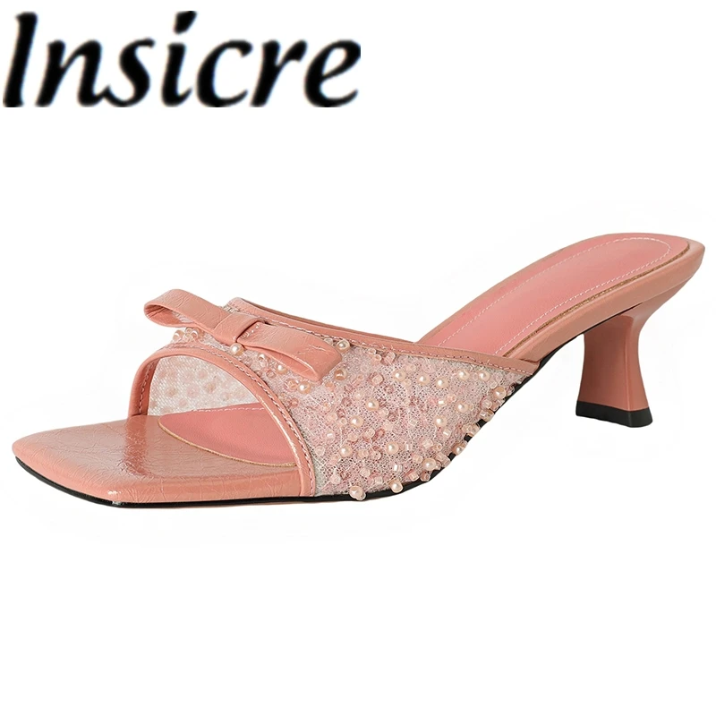 

Insicre 2025 Fashion Women's Sandals Mesh Butterfly Knot Square Toe Mid Heels Top Quality Summer Shoes Bead Handmade Slipper