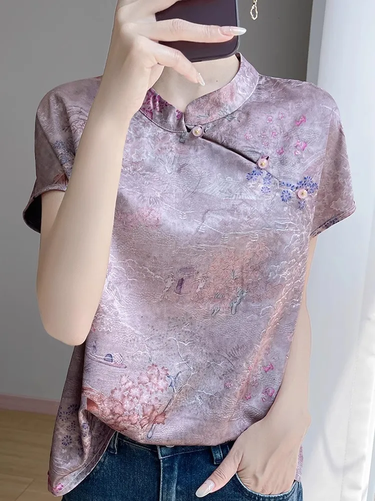 

Женский летний новый топ с шелковым принтом и цветочным принтом в стиле ретро, топ на пуговицах в китайском национальном стиле, Faionable T