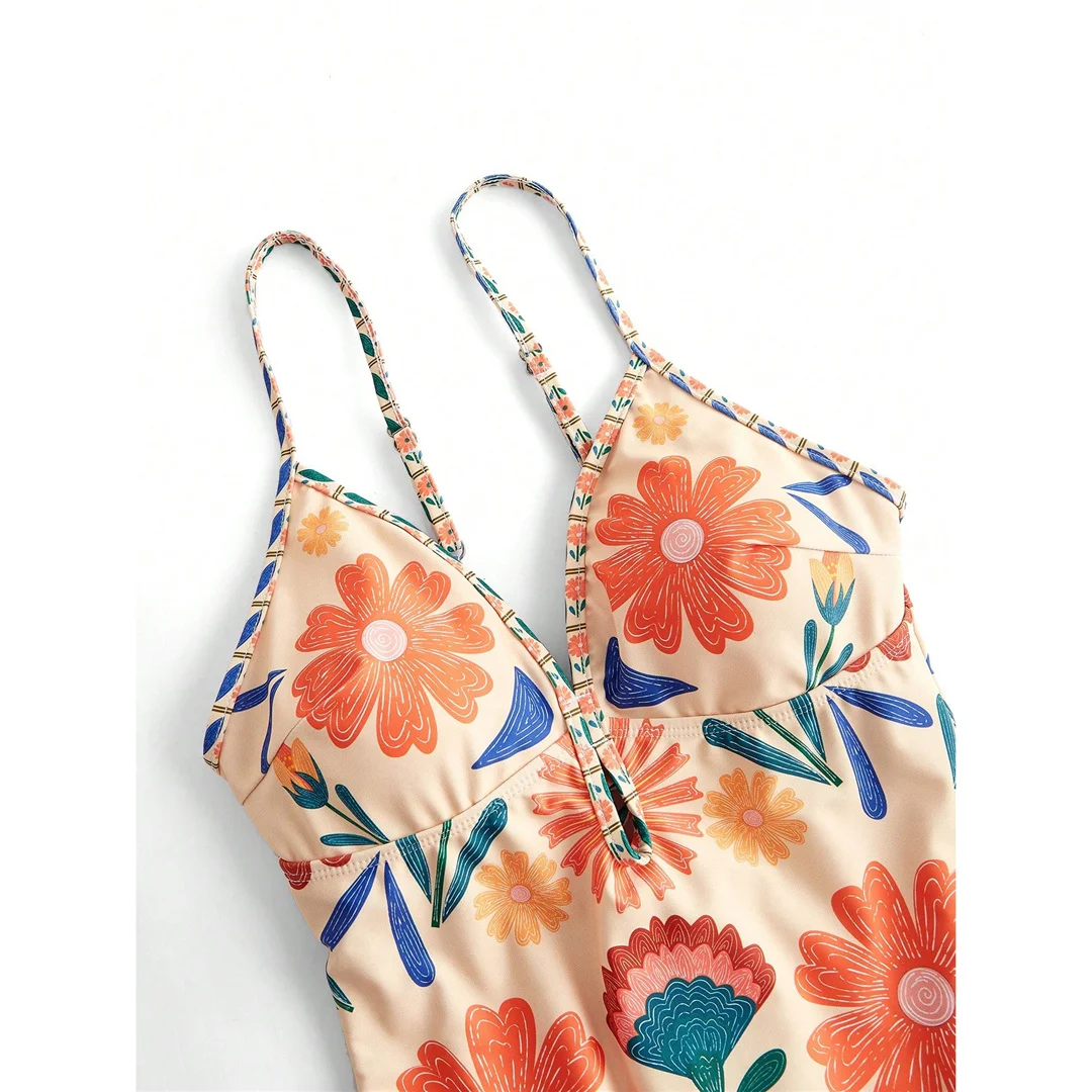 S - XL Neuer, mit Blumenmuster bedruckter Badeanzug mit Rock für Damen, einteiliger Badeanzug, Damen-Badeanzug mit V-Ausschnitt und hohem Beinausschnitt, Badebekleidung, Badeanzug, Modell V8041. – Detail 7