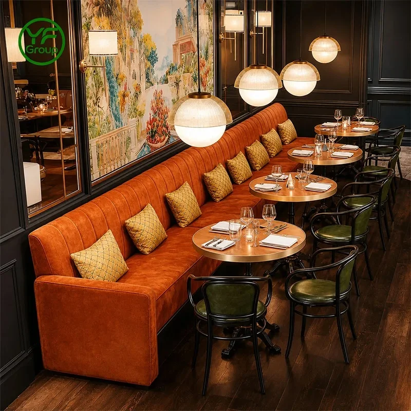 One-Stop Customization Modern Table Chair Set with Green Velvet Leather Wood Booth Seating Restaurant Furniture for Hotel