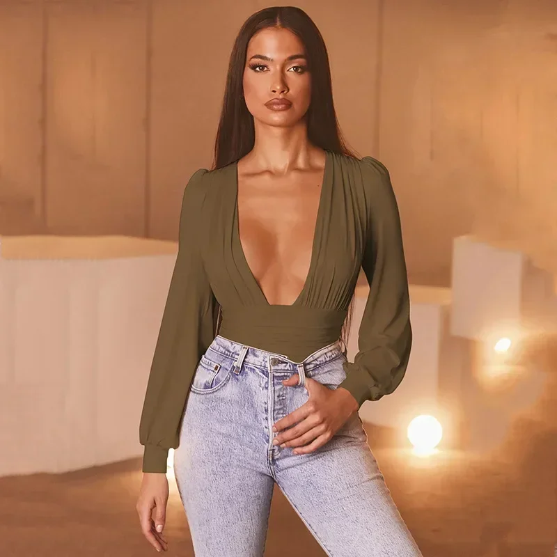 Ladies Green Summer Beachwear Women Long Sleeve Tops Tees V Neck Sexy Pleated Bodycon Bodysuit Female Slim Fit Party Clubwear