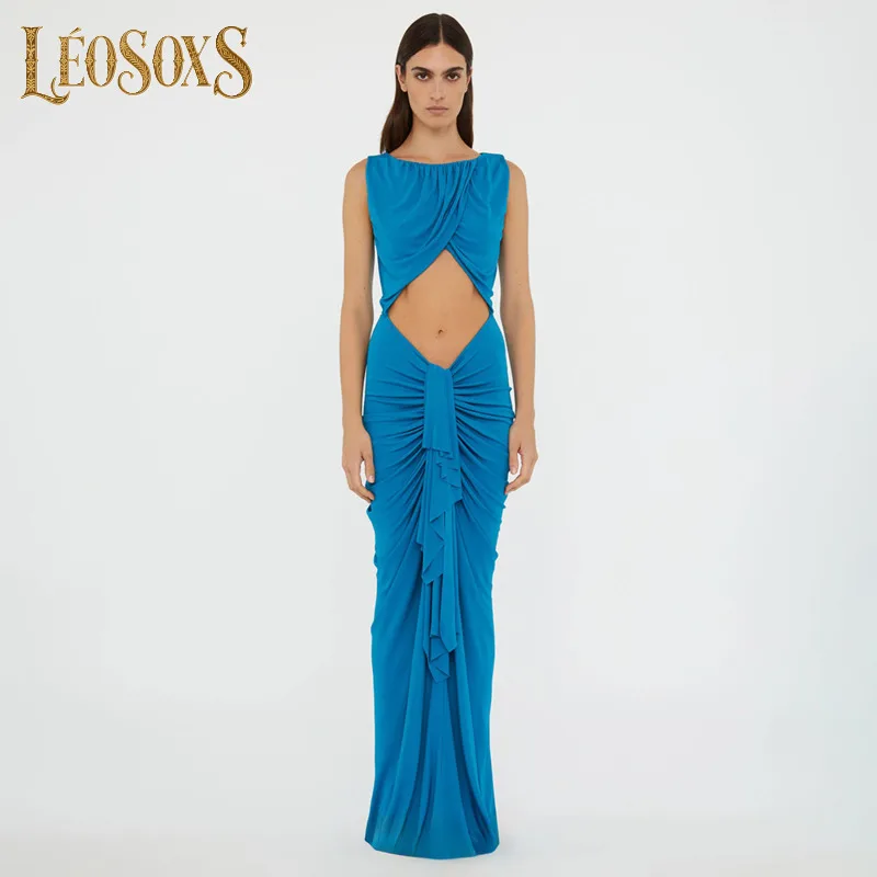 LEOSOXS Blaues ärmelloses Maxikleid mit Ausschnitten, gerüscht, figurbetontes Abendkleid, modische Partykleidung für trendige Damen zum Ausgehen