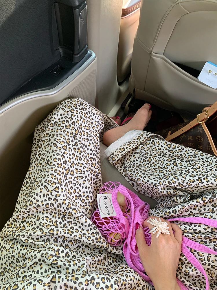 2024 신상 여성 하이웨이스트 와이드 레그 팬츠 루즈핏 밴딩 레오파드 프린트 캐주얼 트라우저 한국 스타일 롱 팬츠