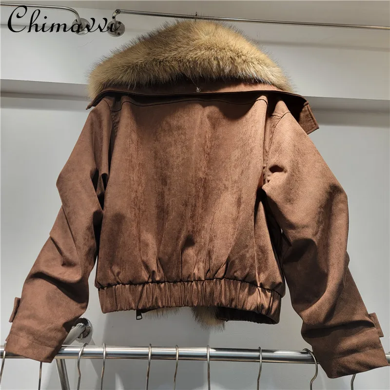 

2025 Winter Streetwear Motorcycle Thick Fleeced Suede Jacket Women Faux Fur Collar Loose Casual Overcoats Parkas Coats Mujer