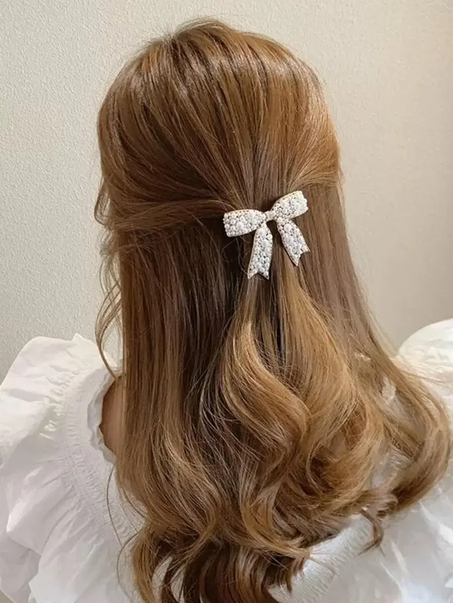 

Elegant Faux Pearl Bow Hair Clip For Women Daily Use