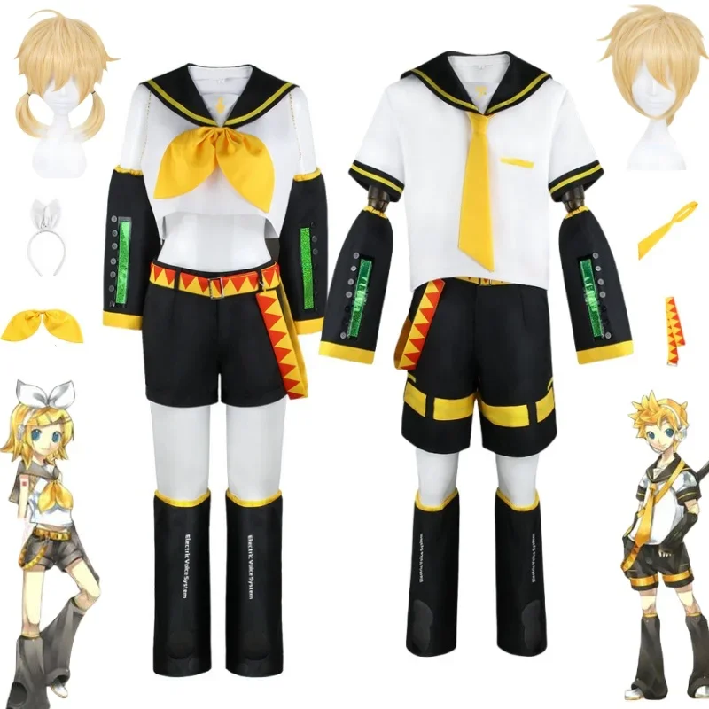 RT01 Rin Len Cosplay Anime Kcagamine Rin Len Cosplay Costumes Brother Sister JK Uniform Halloween Party Yellow Wigs Top Pant&Gf1