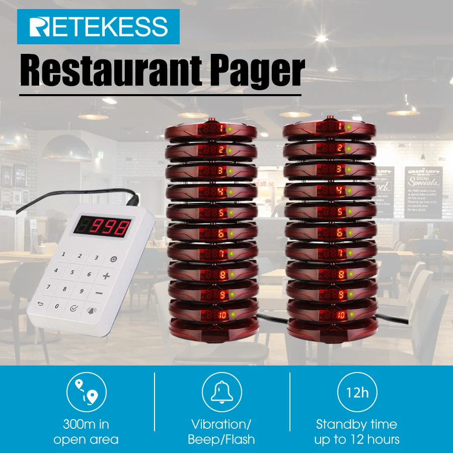 

Retekess TD158 Restaurant Pager Wireless Calling Paging System 20 Coaster Buzzer Waterproof Touch Keypad For Cafe Food Truck Bar