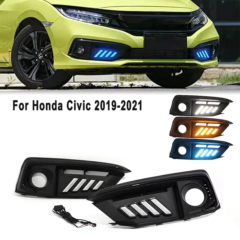 LED المصد الأمامي مصباح الضباب DRL النهار تشغيل ضوء لهوندا سيفيك 2016-2021 الأبيض العنبر الأزرق بدوره مصباح إشارة الحافة