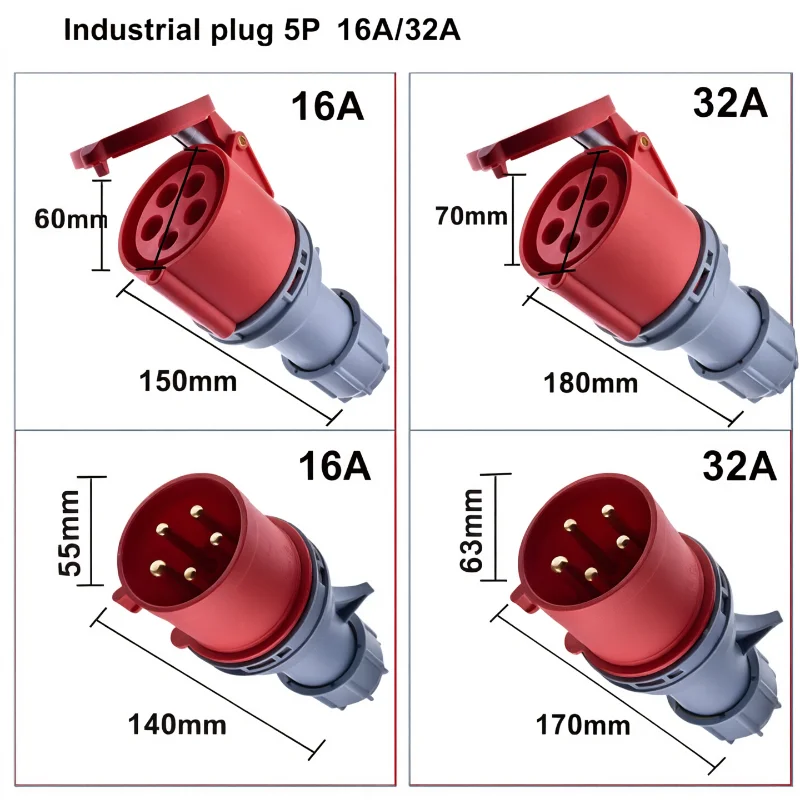 IEC 60309 Industrial Plug Socket Connector 16A 32A 3 Pin Single Phase 5 Pin Three Phase IP44 Waterproof Male Female Blue Red