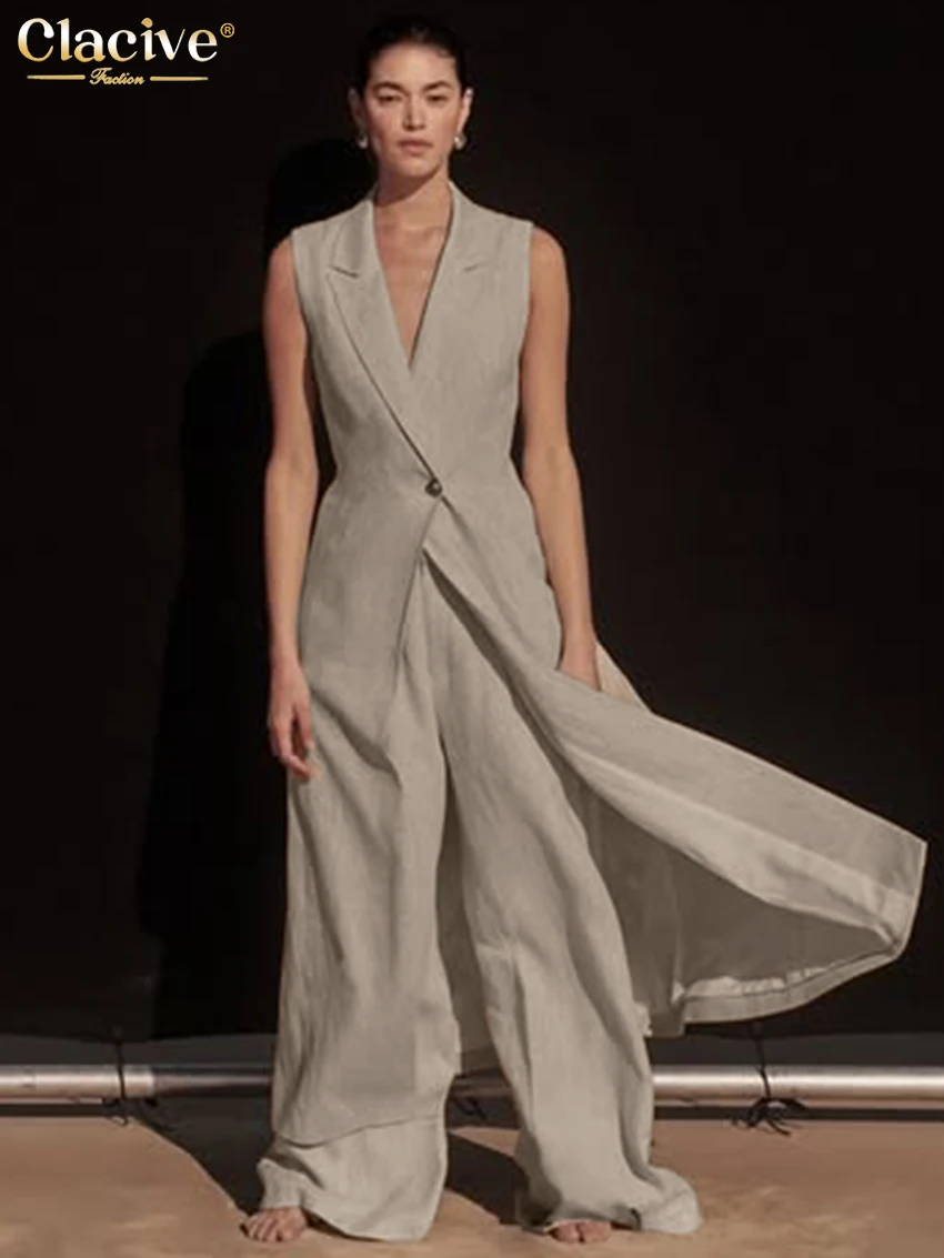 

Clacive Summer Loose Khaki Linen Women's Two Pieces Set 2025 Fashion Sleeveless Tops With High Waist Wide Pants Set Streetwear