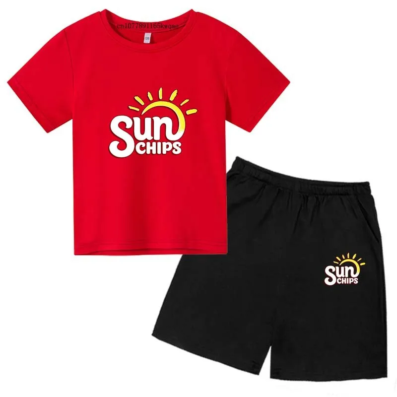 Funny Sunchips Print Kids Summer Sweat-wicking O-neck Tees+Shorts 2Pcs Suits 2-13 Years Boys Girls Casual Outfits Children Sets