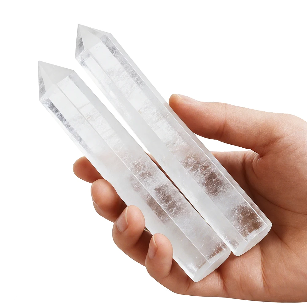 

5.91" Tall White Smelting Stone Single Pointed Hexagonal Prism Crystal Point Wand Home Decor Stone Crafts Crystal Tower 2pcs Set