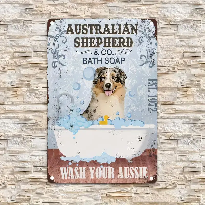 Retro Australian Shepherd Bath Soap Metal Tin Sign - 20×30cm Iron Wall Art (Aussie in Bathtub, Bubbles, Duck), Perfect for Bathr