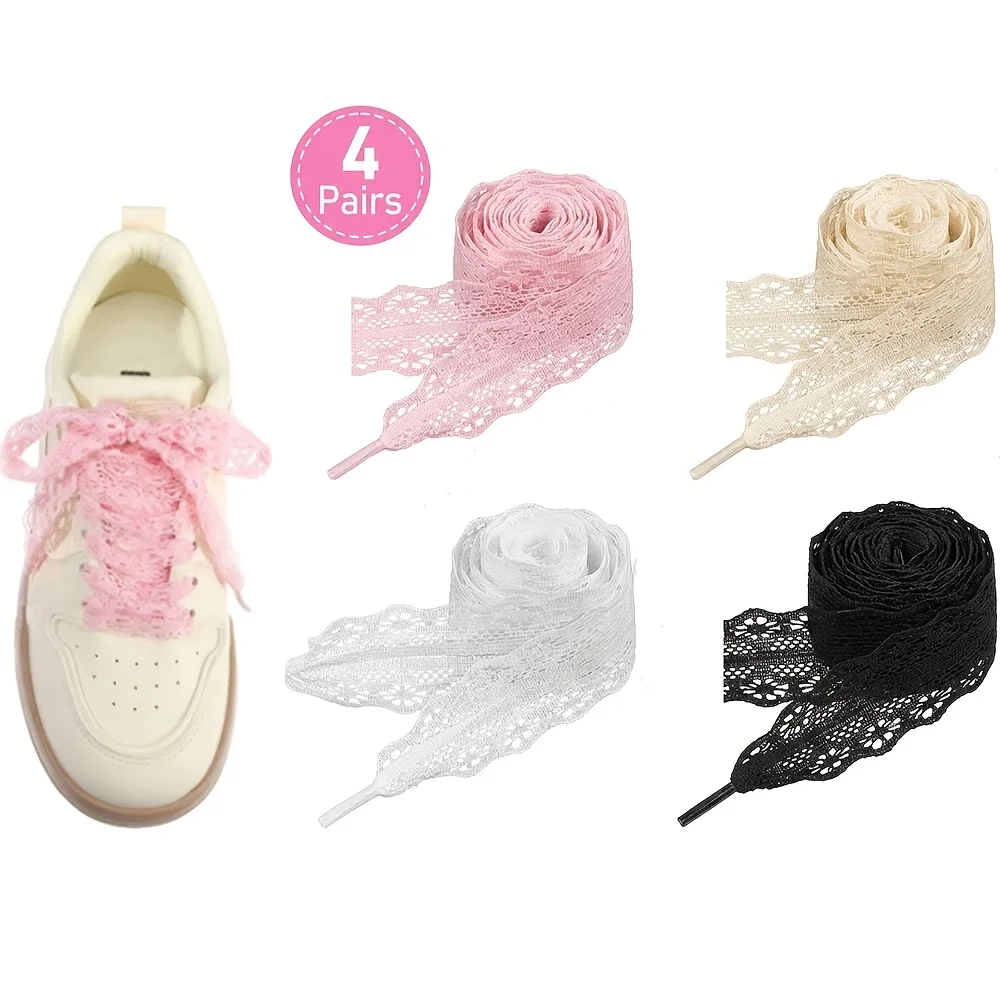 4 Pairs Lace Trim Flat Soft Shoelaces Blooming Ribbon Lace Up Shoe Strings for Women