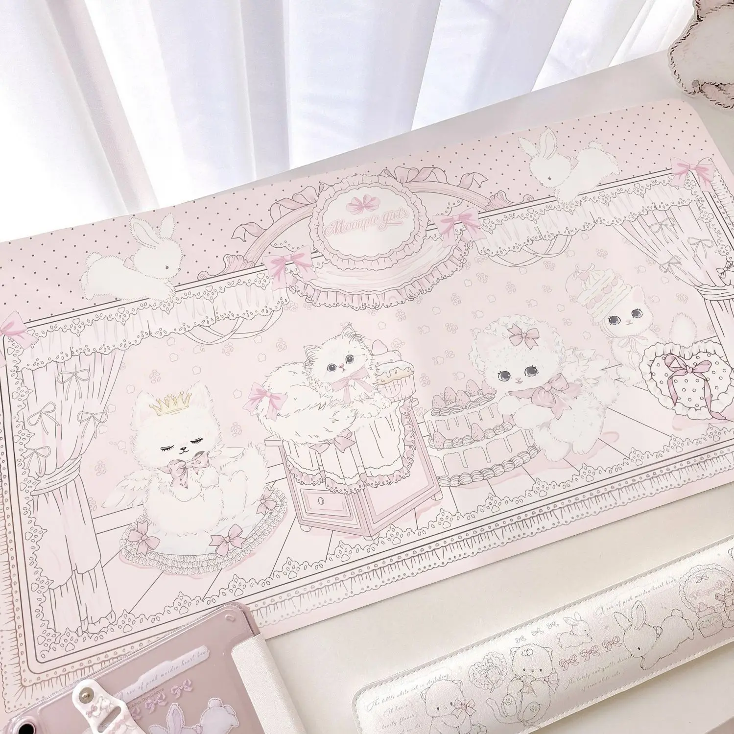 Leather Desk Pad Protector Y2k Pink Kitten Strawberry Cake Bunny Cat ins Mouse Pad Office Desk Mat Non-Slip PU Desk Blotter Pad