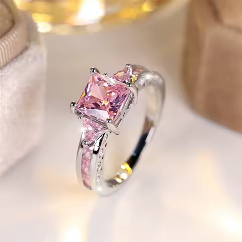 Luxury Female Crystal Pink Stone Ring Trendy Silver Color Engagement Wedding Jewelry