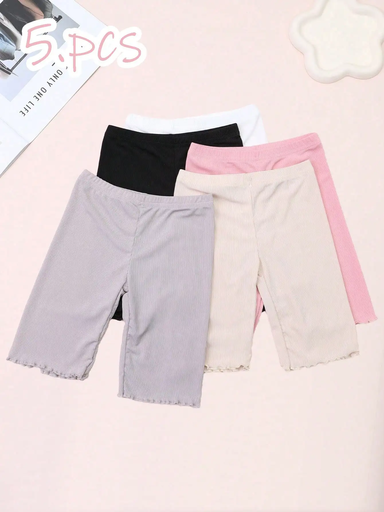 5Pcs Girl Ribbed 5/4 Length Safety Shorts Summer Thin Breathable Ruffle Trim Elastic Waist Soft Stretchy Kids Underwear Bottoms