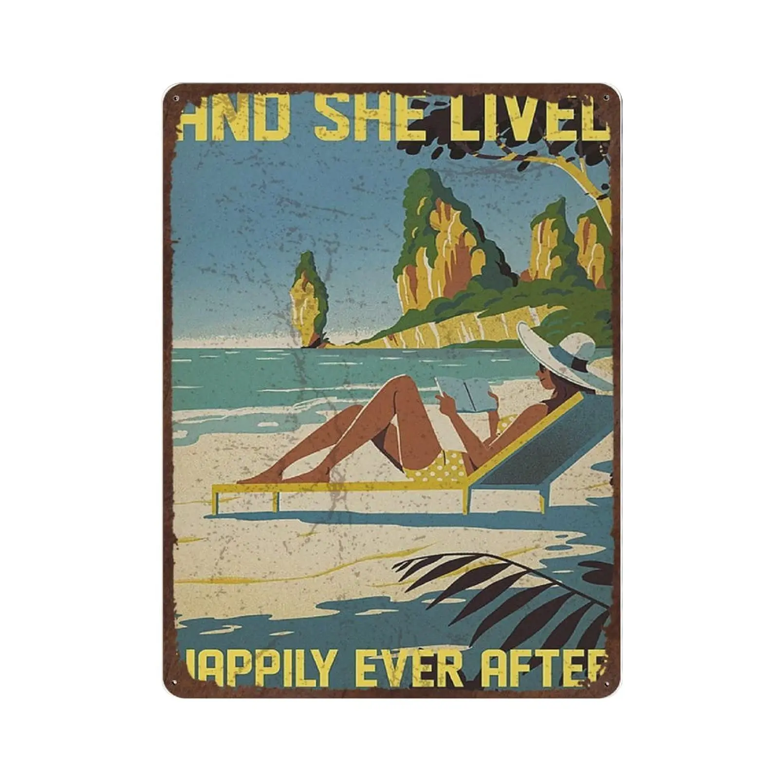 Dreacoss Vintage Tin Sign,Metal Plate Decorative Sign,Beach and She Lived Happily Ever AfterTin Sign Art Print Decor Home,Iron W