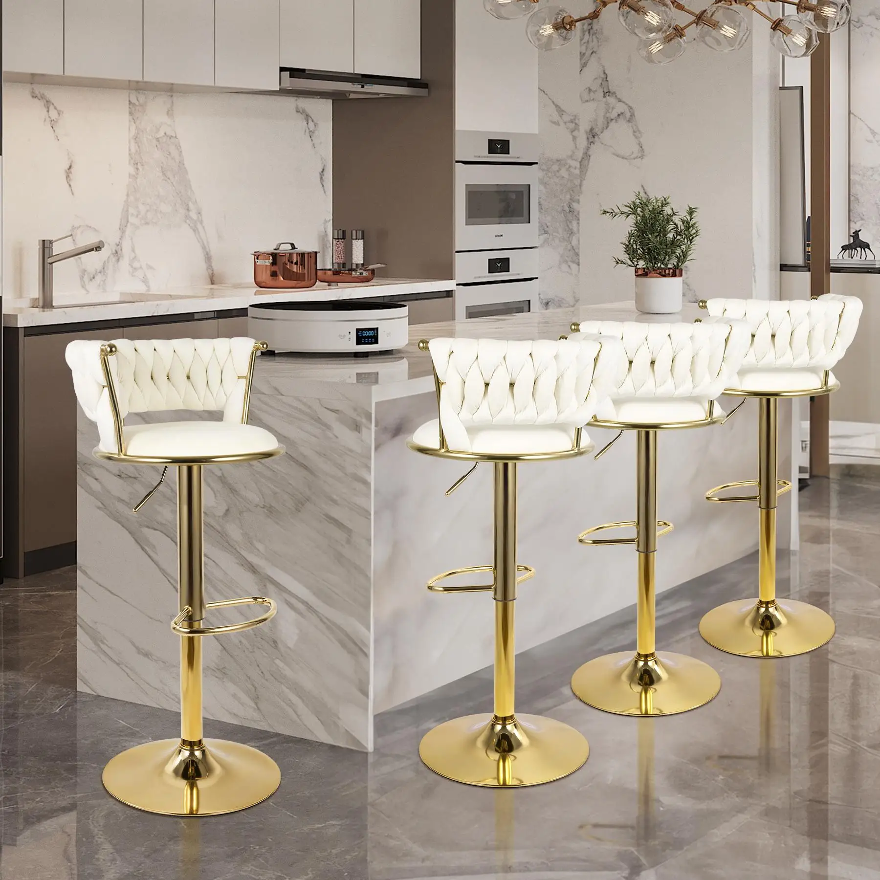 Set of 2 Modern Velvet Bar Stools Adjustable Height Swivel Counter Chairs with Backrest Premium Upholstered High Stools for Kitchen Island Breakfast Dining Room Home Bar Furniture