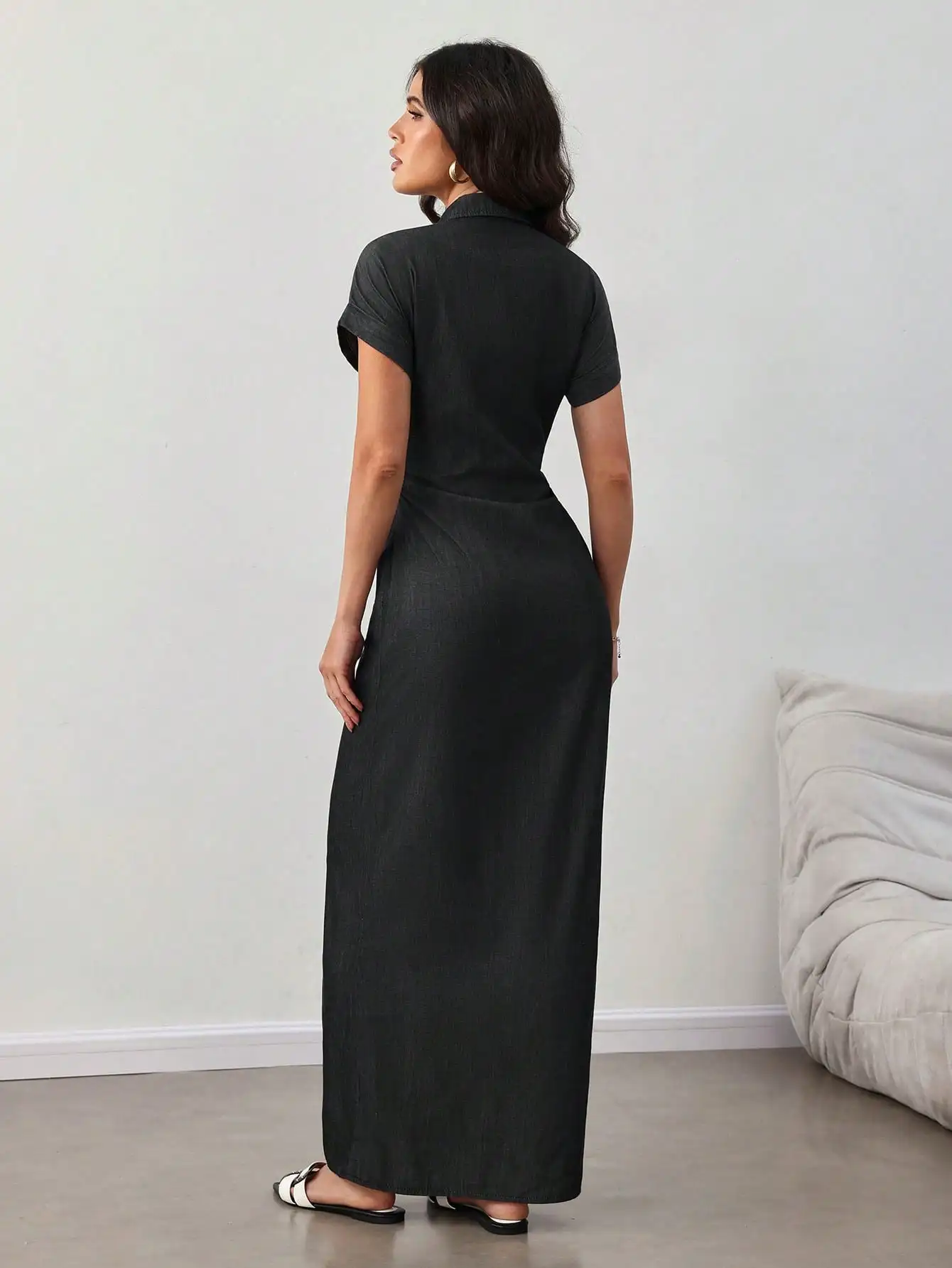 

Women's Short Sleeve Single-Breasted Slim Casual Denim Maxi Dress