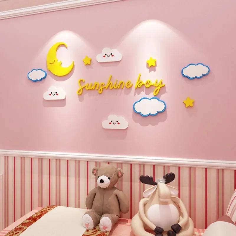 Cute Cloud Moon Acrylic Wall Sticker Kindergarten Wall Three-dimensional Decorative Decal Children Room Background Wall Sticker