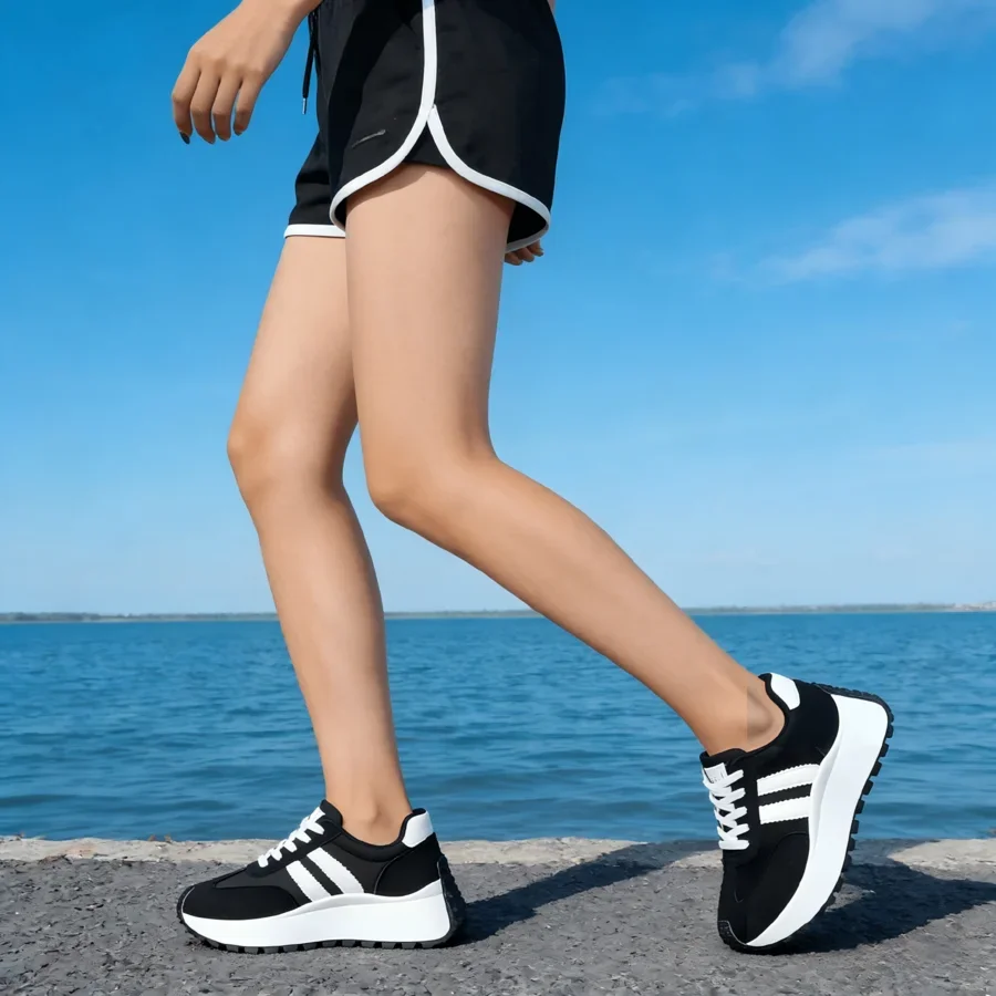 

Womens Fashionable Thick Sole Lace-Up Sports Shoes With Breathable Mesh Upper And Rubber Outsole