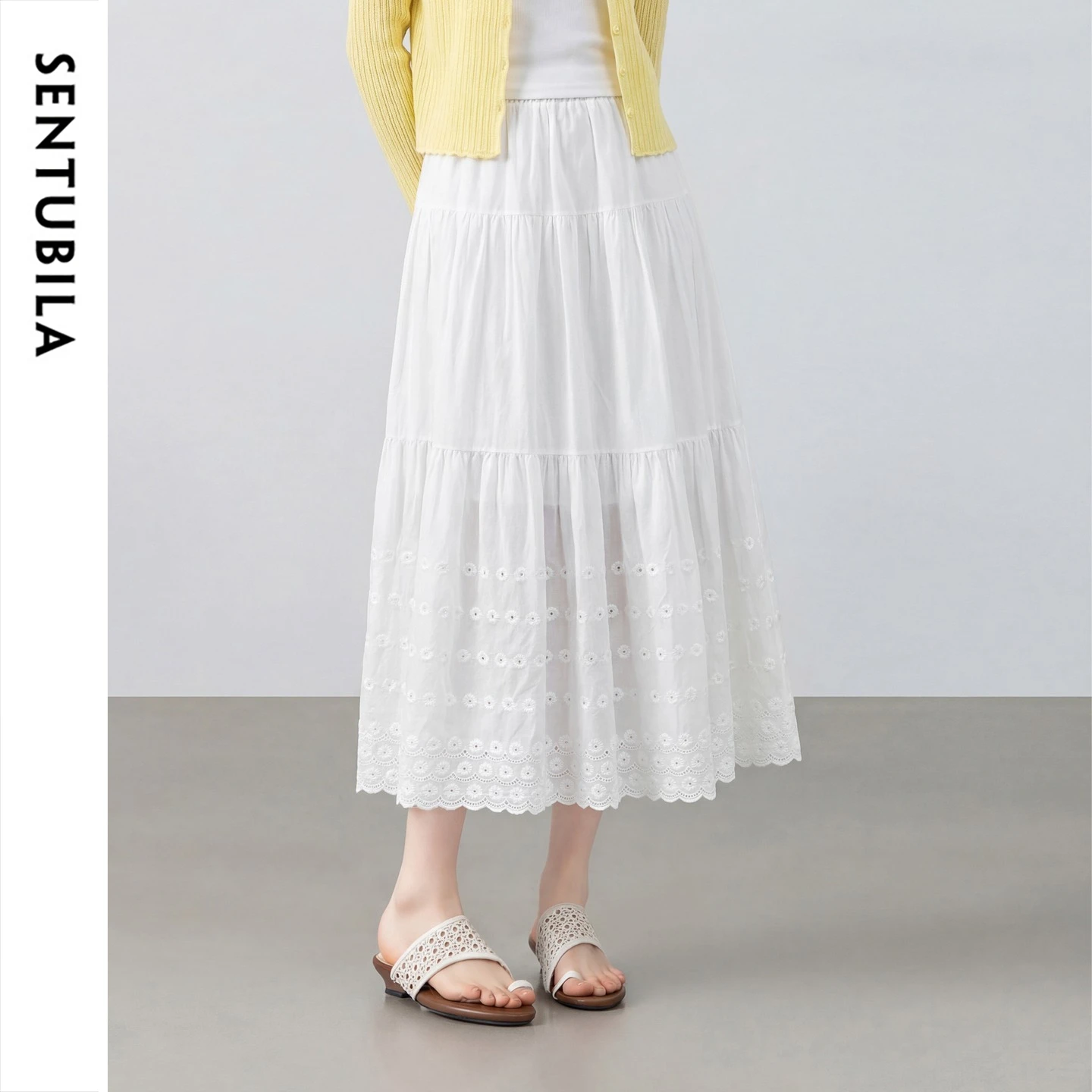 SENTUBILA Women's Cotton White Skirt 2026 Summer Cutwork Embroidery Long A Line Cake Skirt Ladies Casual Clothes 162QA7161