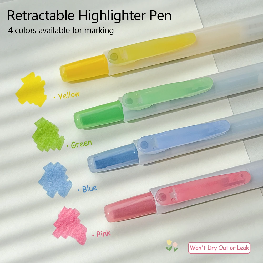 4 Retractable Highlighter Pens 1/4mm Tip Minimalist Style Highlight Markers for Drawing and Journaling