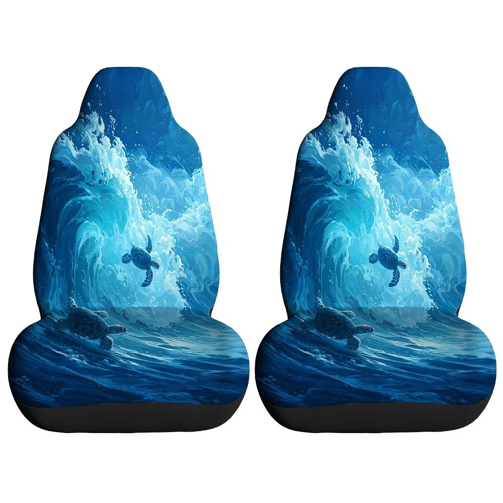 2pcs Turtle Silhouette Amidst Ocean Waves Printed Car Seat Covers, Suitable For Sedans, SUVs, MPVs, And Trucks. Durable Front Se
