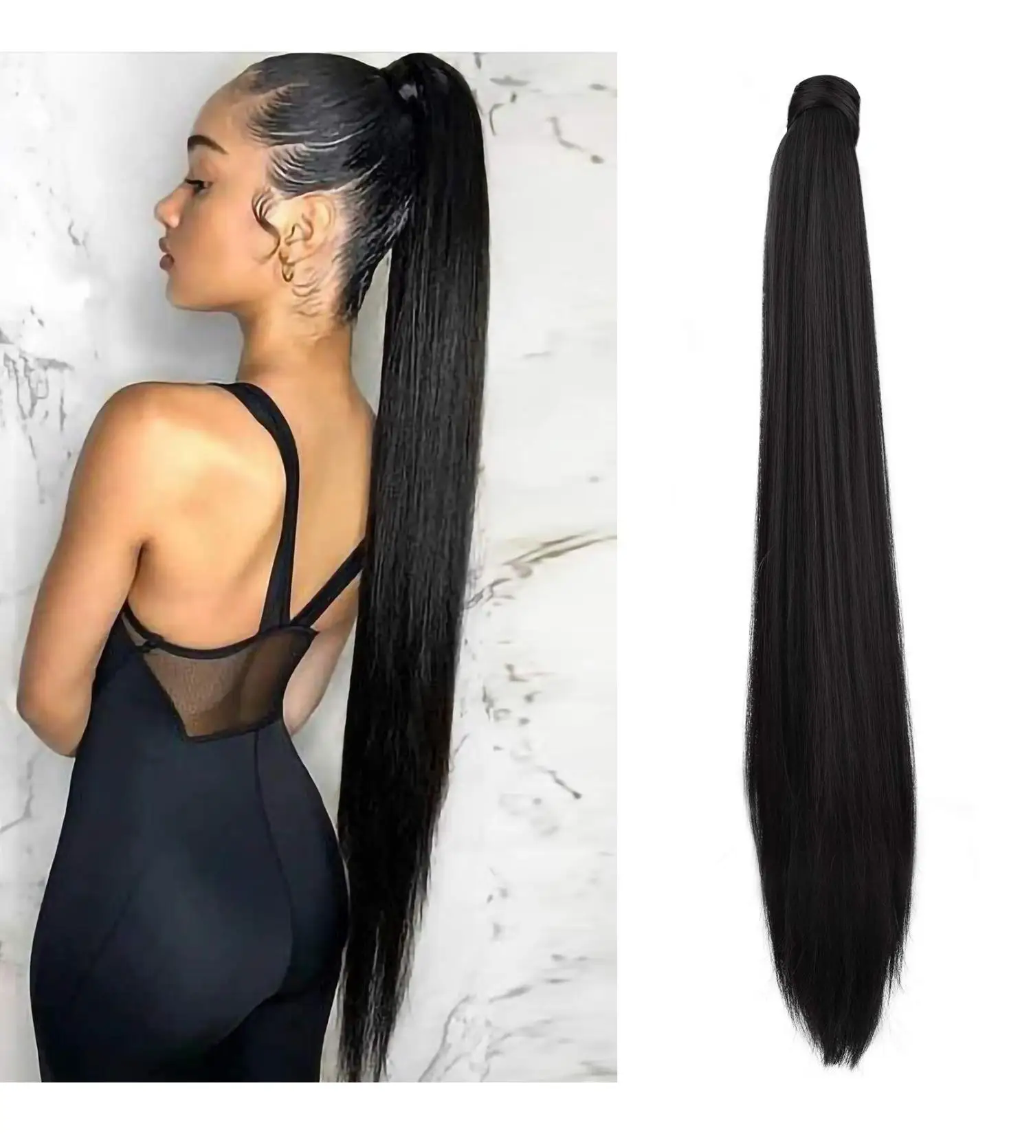 26 Inch Human Hair Ponytail Extensions Clip in Remy Natural Straight Hairpieces for Women