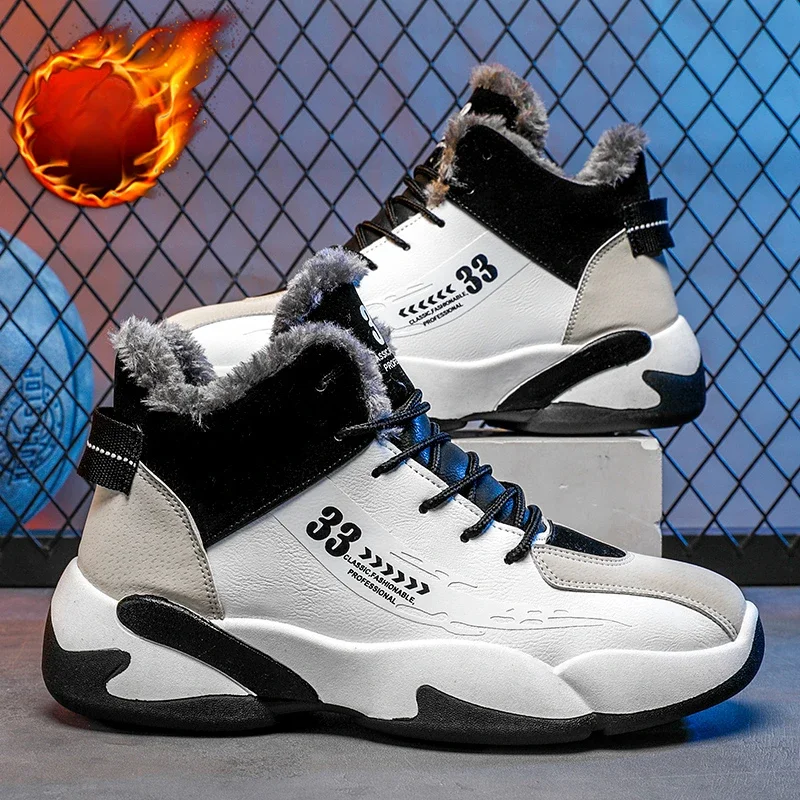 Winter Keep Warm Fur Basketball Boots Men Sneakers High Top Lace Up Ankle Sport Shoes Basket Homme Plush Casual Sneakers