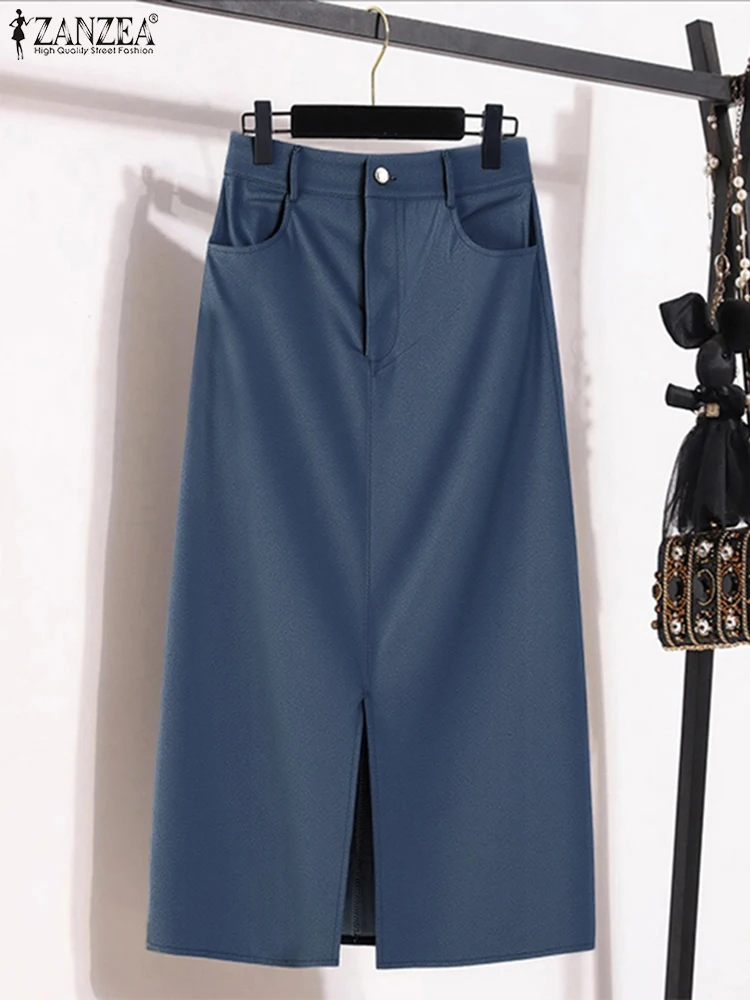 ZANZEA Casual Summer Skirts Women Pockets Denim Overskirts 2025 Mid-Calf Women's Clothing Bottoms Oversized S-3XL