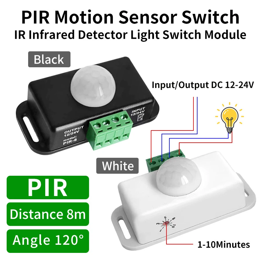 

Умный выключатель света постоянного тока 12-24 В, PIR-датчик движения для светодиодной ленты, время задержки, регулируемый детектор человеческого тела, автоматический модуль