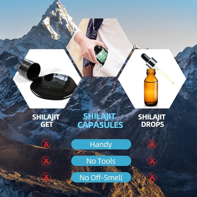 تحتوي كبسولات Shilajit على حمض رطبة طبيعي و85+ معادن، توورين، فيتامينات - الطاقة، المناعة، ودعم الصحة في الطاقة