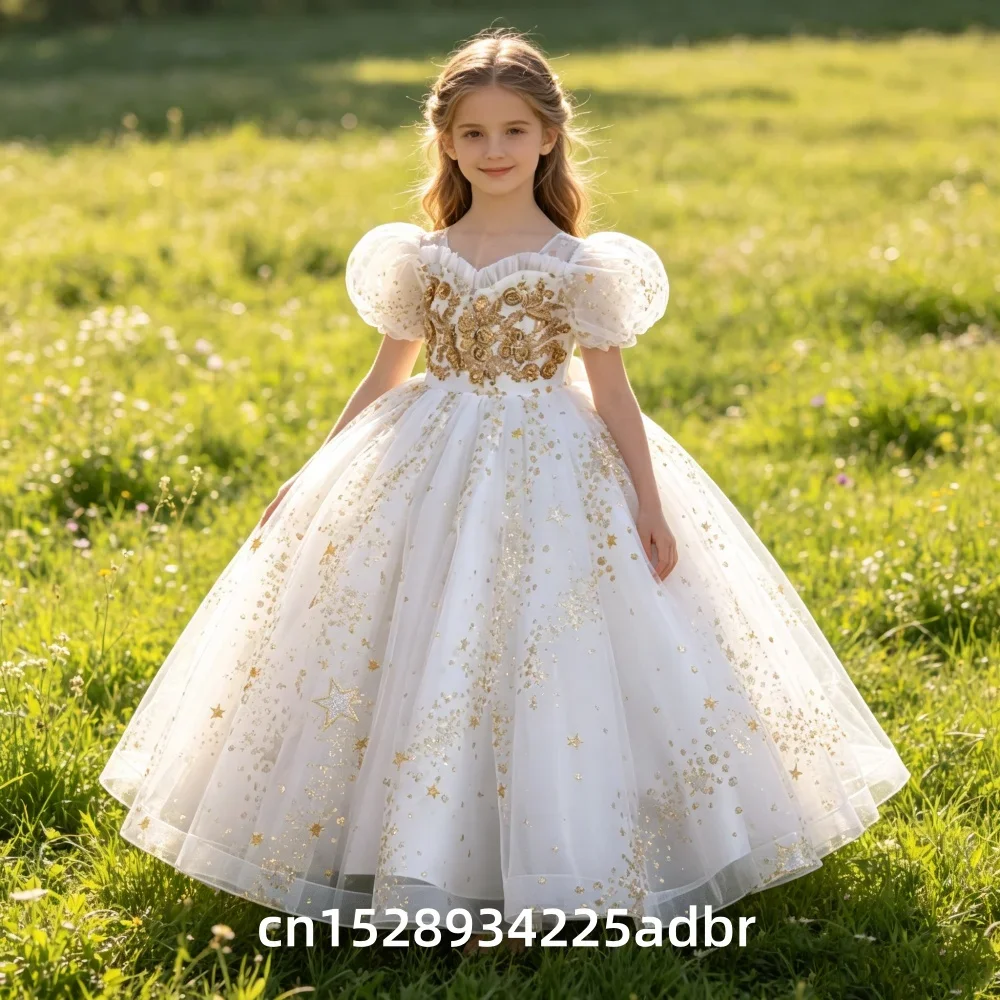 Girls' Flower Wedding Dress Long Sleeveless Summer Princess Rainbow Host Gift Performance Program Dress