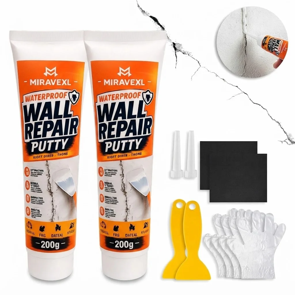 Wall Repair Putty Kit -200gWaterproof Spackling Compound with Scraper,Nozzle, Sandpaper,Gloves for Easy DIY Crack Mending