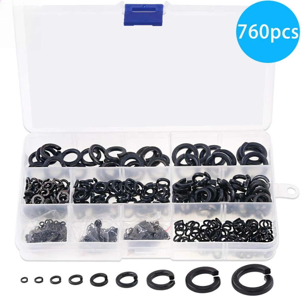 

760pcs Blackened Carbon Steel Spring Washers Hardware Fasteners High-strength Spring Washers Open Spring Washers Gasket Φ2-φ12