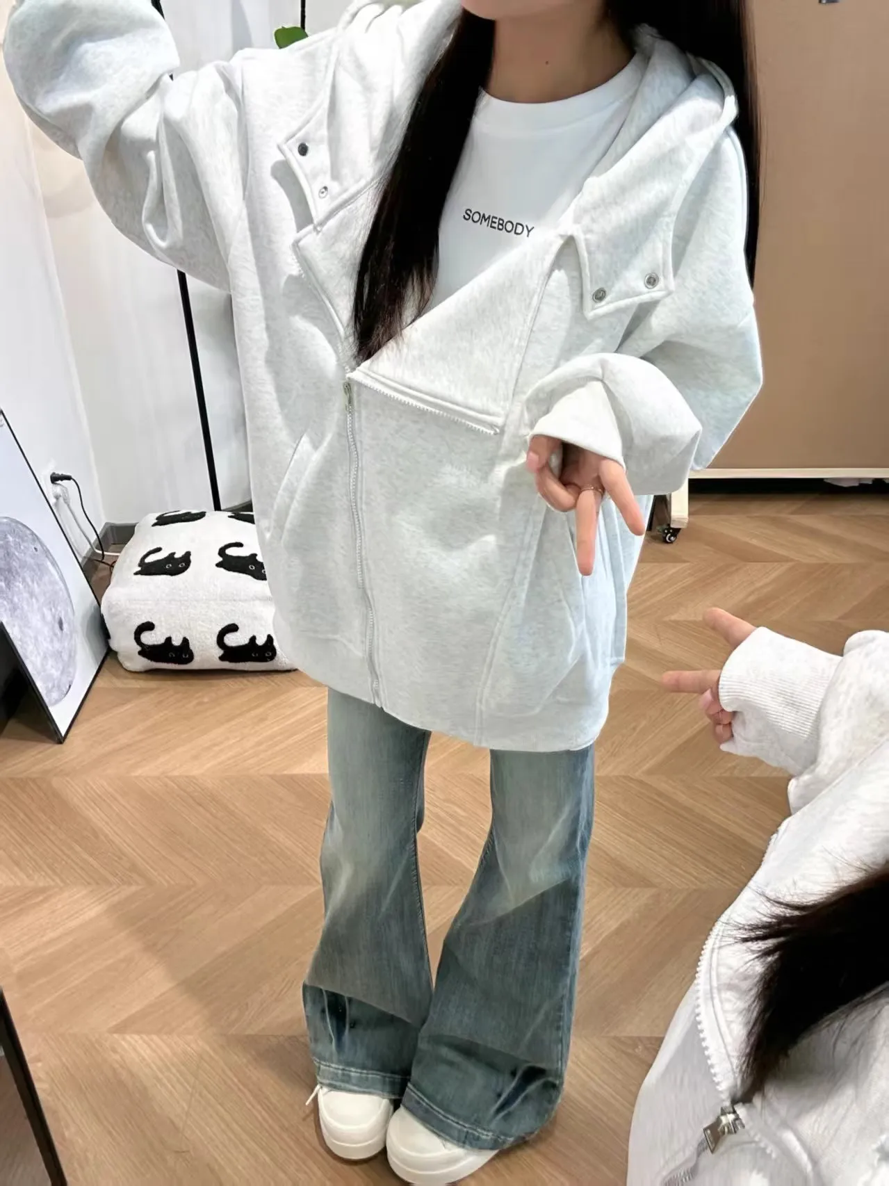 Original automne nouveau américain haute rue à capuche fermeture éclair ouvert Cardigan sweat-shirt ample ex Simple couleur vêtements d'extérieur