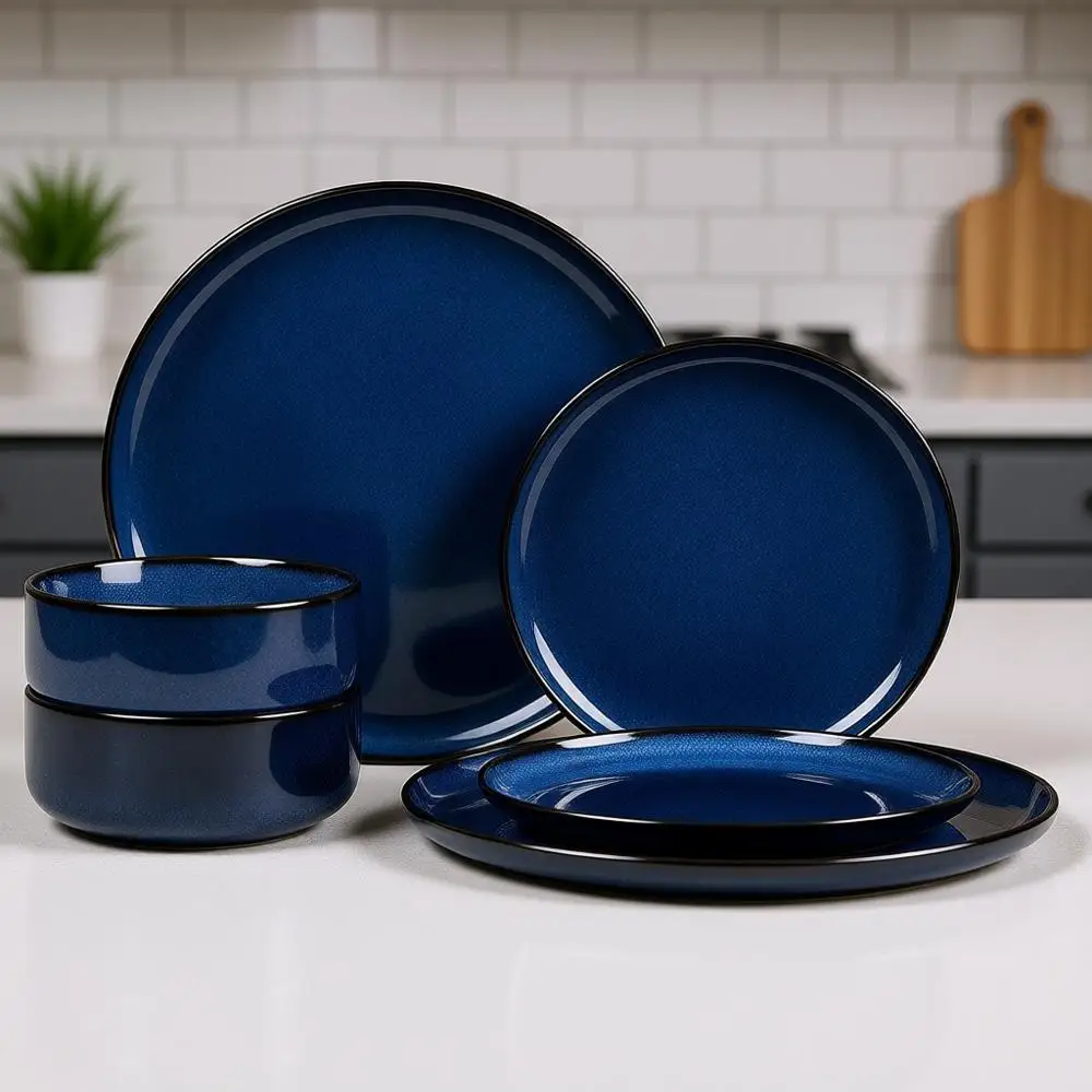 

6-Piece Stoneware Dinnerware Set, Double Reactive Glaze, Starry Blue, Microwave and Dishwasher Safe