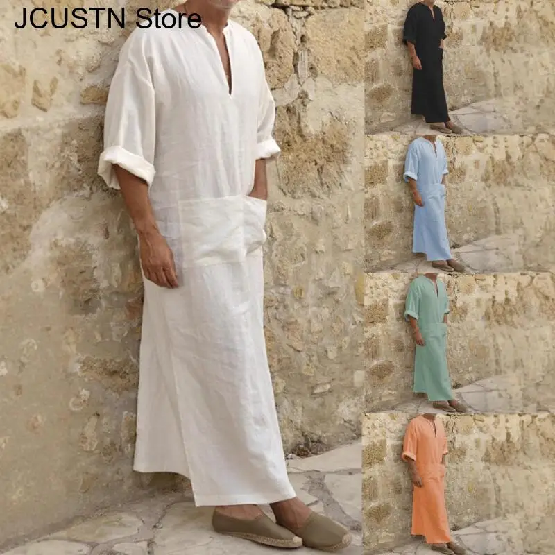 Plus Size Men Solid Color Muslim Robe Retro Arab Islamic Long Dress Casual Cotton Linen Long Kaftan Middle East Islamic Clothing