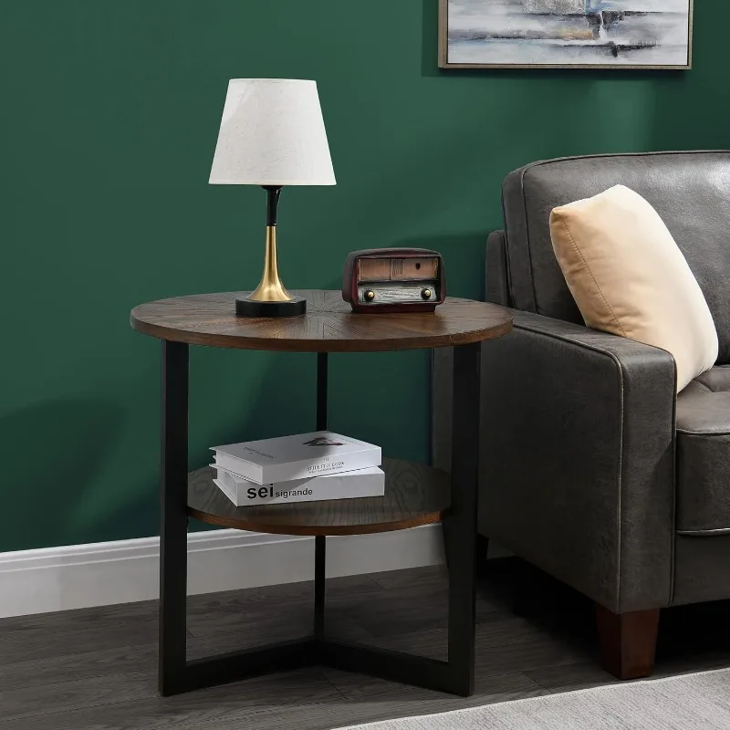 

Large End Table with Storage Shelf Rustic Circular Sofa Side Table with Black Metal Legs Solid Wood Nightstand Telephone Table