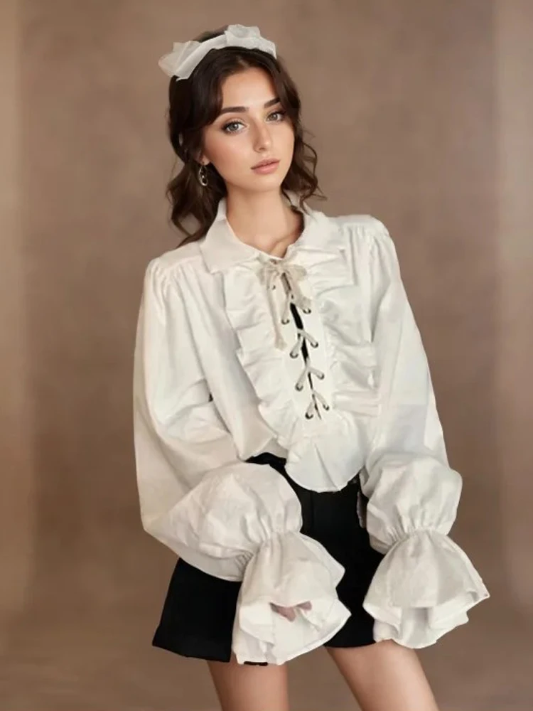 

Zadily 2025 Summer Women's Lolita Ruffle Trim High Neck Shirt Lace-Up Lantern Sleeves Fitted Waist Vintage Elegant Party Blouse