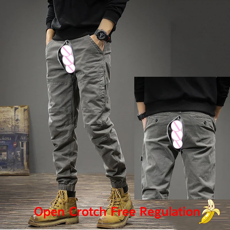 

Outdoor Sex Open Crotch Erotic Jogger Jeans Stitching Tactical Pants Casual Streetwear Men Cargo Denim Sweatpants Track Trousers