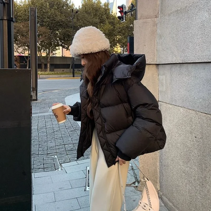 Women Hooded Cropped Puffer Jacket Zip Up Quilted Thick Warm Loose Short Winter Padded Coat Outerwear