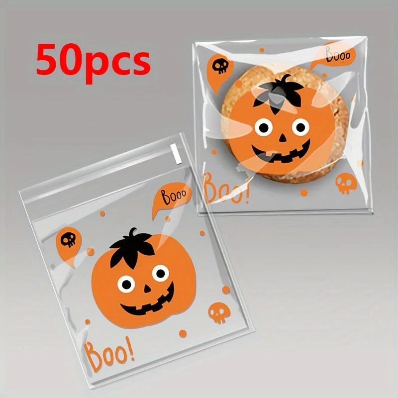 50 Stück Halloween-Kürbis-Geister-Fledermaus-Muster Selbstklebende Plastiktüten für DIY Hausgemachte Kekse Party Schmuck Feiertagsgeschenke – Detail 3